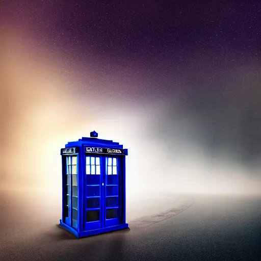 Image similar to a hyperdetailed photograph of the tardis sat on a futuristic street corner, night, dense fog, rain, hd, 8 k resolution