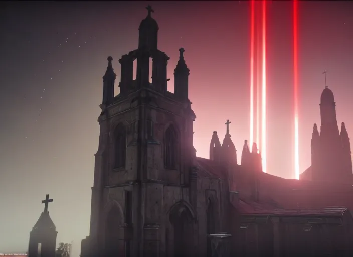 Image similar to ancient church with red shafts of light in destiny 2, foggy, liminal, dark, dystopian, beautiful architecture, abandoned, highly detailed 4 k 6 0 fps in - game destiny 2 gameplay screenshot leak