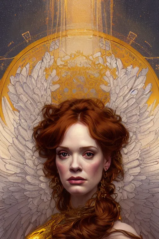 Image similar to symmetrical!! looking at the camera! a portrait of an angel christina hendricks wearing a golden dress, upper body, concept art, deep focus, sky, heaven, clouds, intricate, highly detailed, digital painting, artstation, matte, sharp focus, illustration, art by greg rutkowski and alphonse mucha