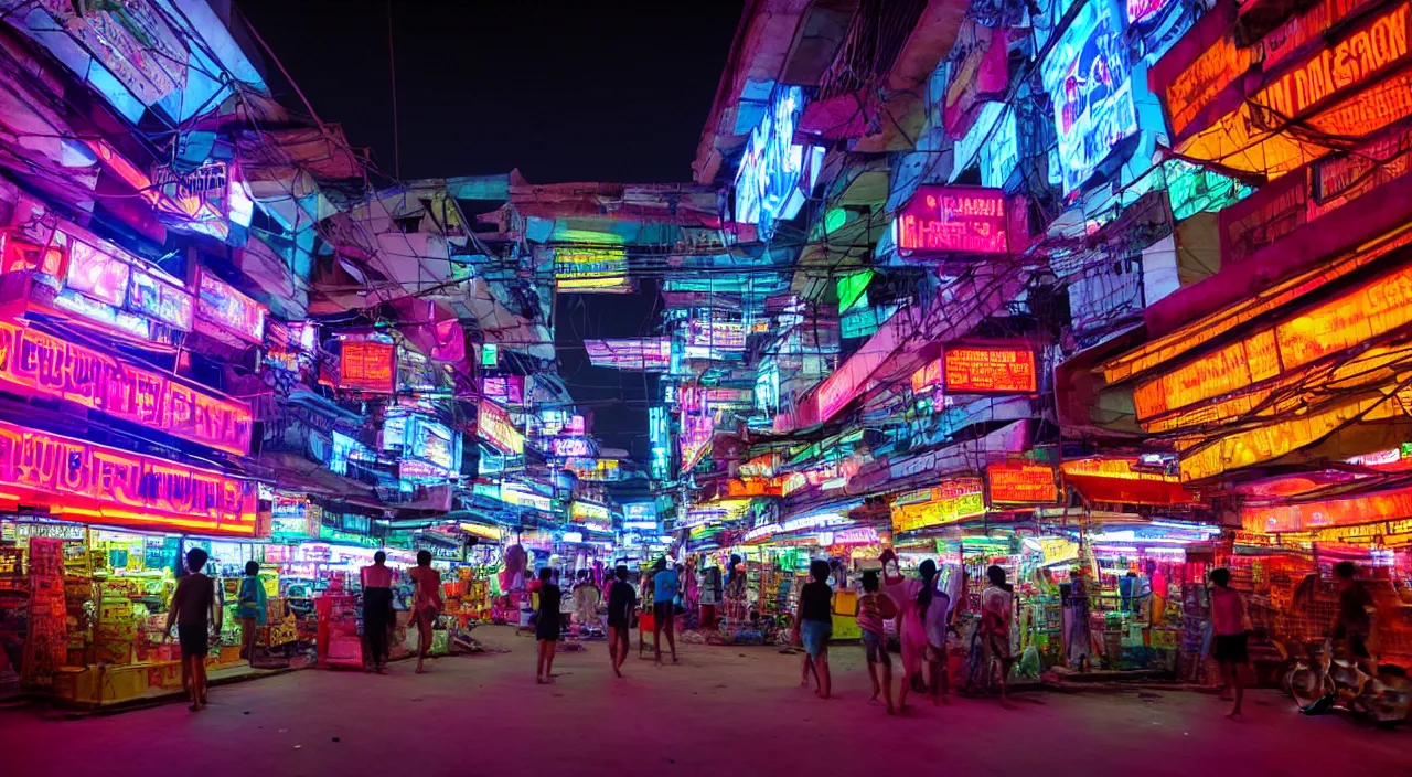 Image similar to Cyberpunk Shopping Center, futuristic Phnom-Penh Cambodia, neon lighting