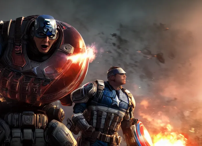 Image similar to trump as captain america in gears of war, splash art, movie still, cinematic lighting, ray tracing, octane render, long lens, shallow depth of field, bokeh, anamorphic lens flare, 8 k, hd, 4 k, hyper detailed, 3 5 mm film grain