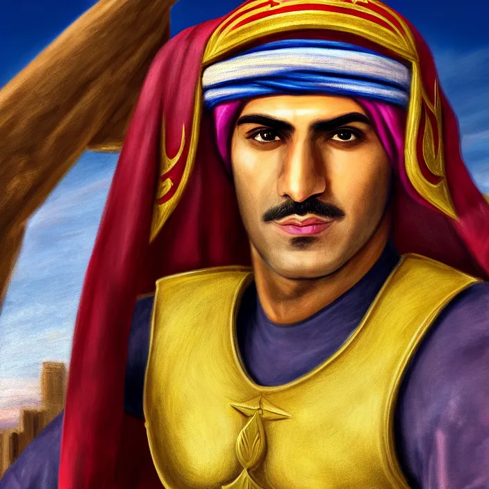 Prompt: portrait, captain falcon as sheik mohammad ruler of dubai, head and torso only, masterpiece, medieval arabia, sharp details, hd, 4 k