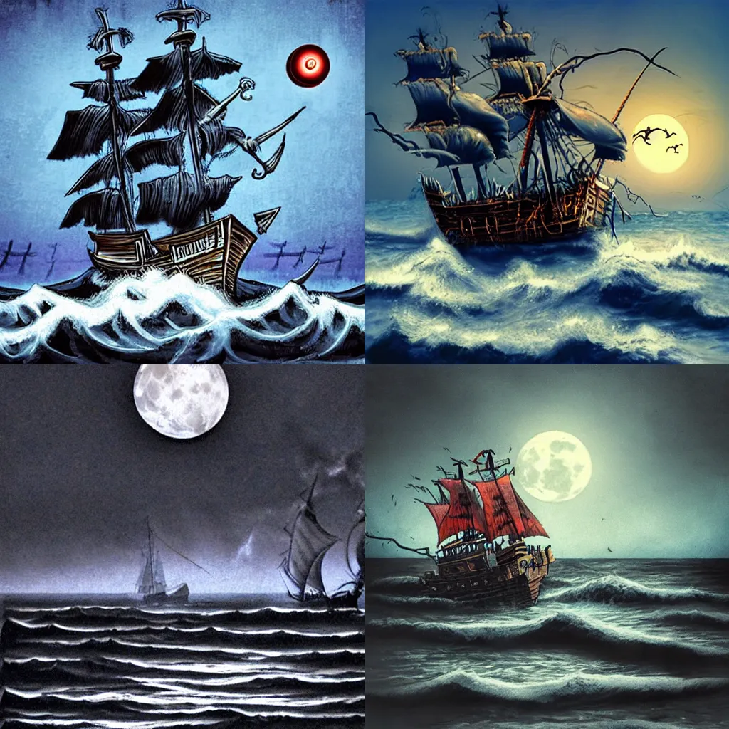 Prompt: zombie pirate ship, full moon, rough seas