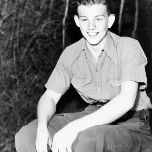 Prompt: a photographic of a very handsome young man in the 1 9 5 0 s, he is at camp
