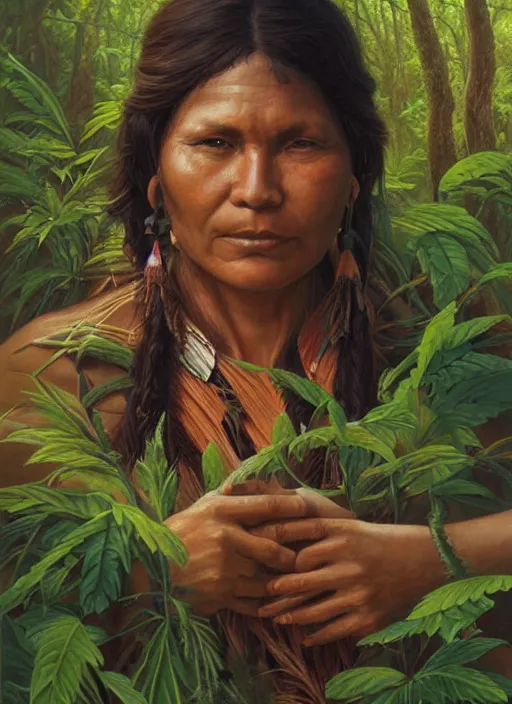 Prompt: a beautiful close up portrait of an indigenous woman holding medicinal plants in the jungle, highly detailed, art by christophe vacher