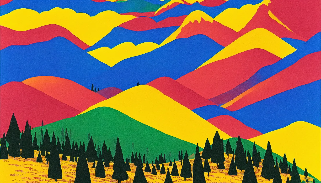 Image similar to rainbow over mountain by dan mumford and peter doig and edward hopper, symmetrical, minimal, black ink, thick lines highly detailed, muted colours 8 k