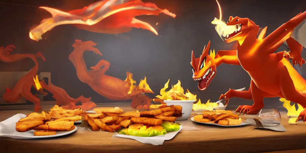 Image similar to An impressive Charizard next to a table eating some delicious hamburgers, digital art, wide shot, highly detailed, hyperrealistic, photorealistic, unreal engine 5, very detailed, emotional, made by a professional 3d artist, dynamic lighting, trending on artstation, 4k uhd, epic composition, masterpiece