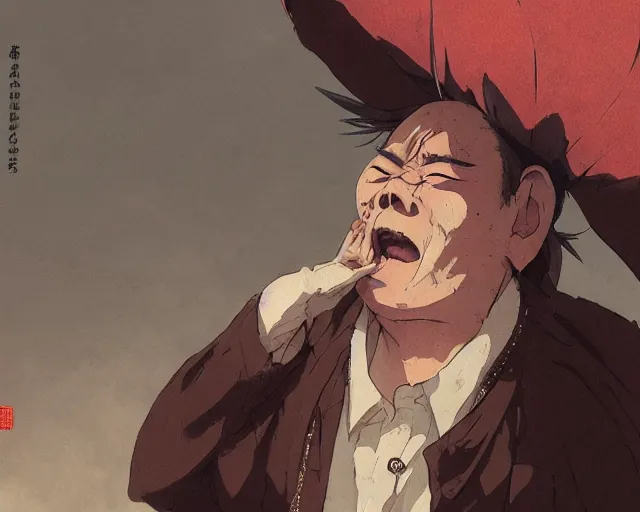 Image similar to a 50 year old brunnete happy chinese man with puffy cheeks bursting in tears on the floor, close up shot, anime art, Greg Rutkowski, studio ghibli, dramatic lighting