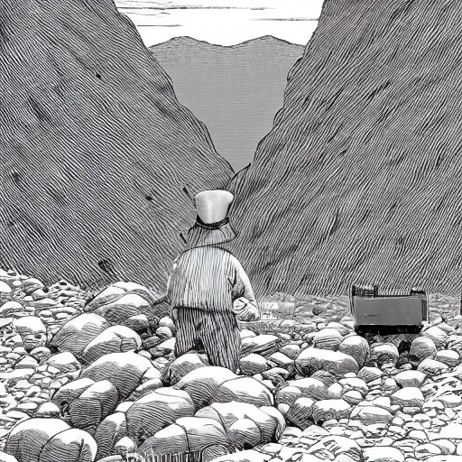 Prompt: a black and white cross - hatching edward gorey illustration of a man in old fashioned clothes waits by the side of the dark and lonely mountain road with his suitcase, stormy night time in the mountains highly detailed in the style of edward gorey, artgerm, 8 k resolution - c 5