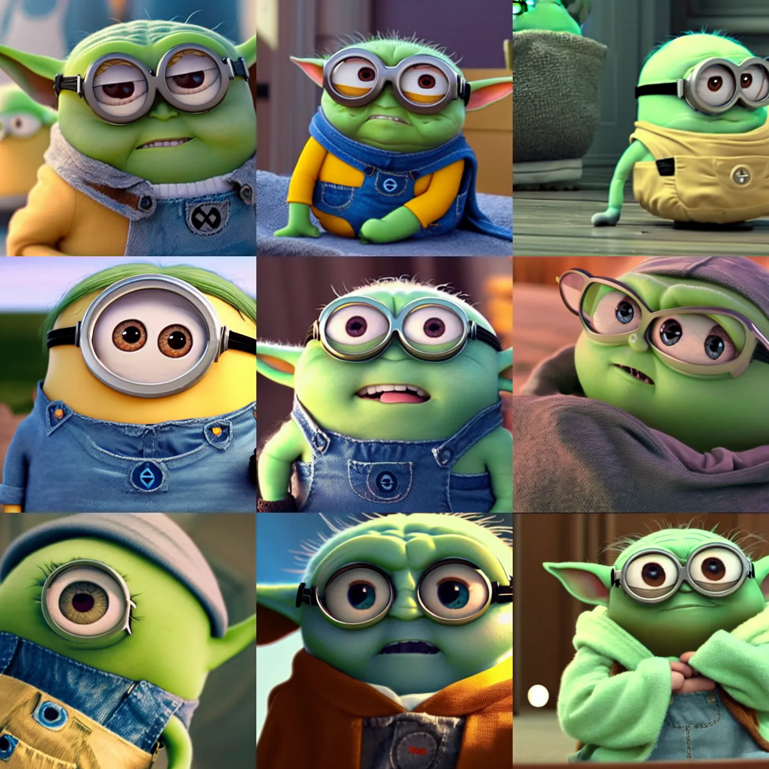 Prompt: film still of despicable me minion baby yoda, pixar