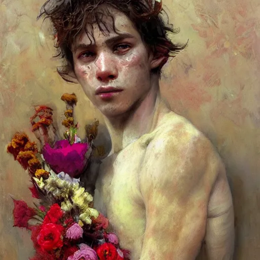 Image similar to A shy goat human hybrid with the horns, ears, and legs of a goat and the face and body of a human holding a bundle of flowers. By Craig Mullins. By Ilya Repin. By Ruan Jia.