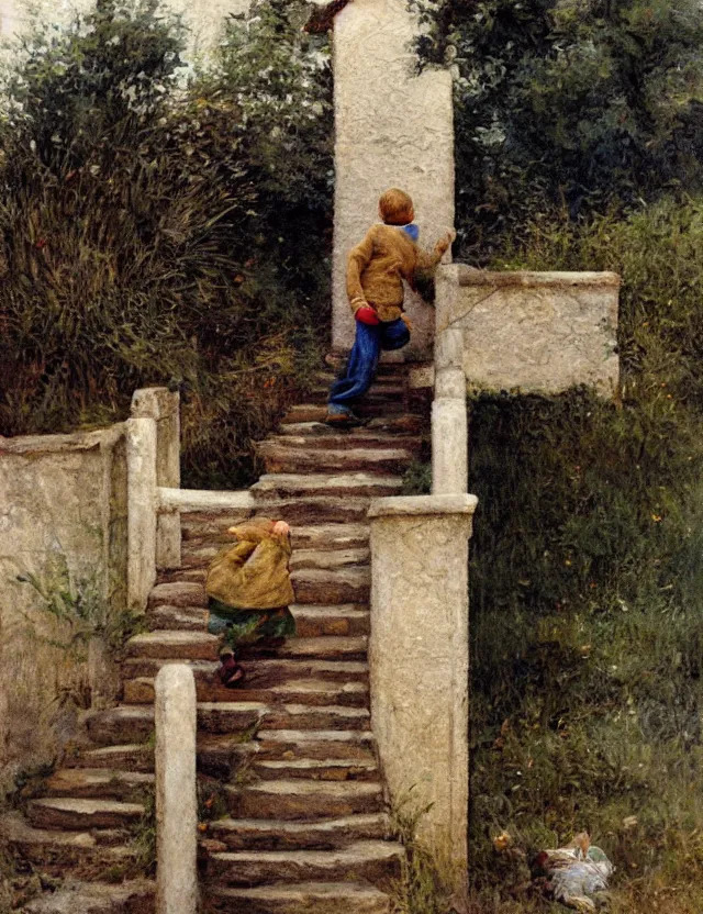 Image similar to peasant boy climbing stairs to the roof of a country house, cottage core, cinematic focus, polaroid photo bleached vintage pastel colors high - key lighting, soft lights, foggy, by steve hanks, by lisa yuskavage, by serov valentin, by tarkovsky, detailed, oil on canvas