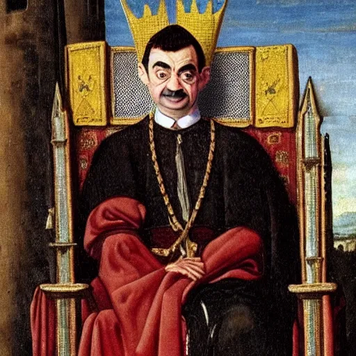 Prompt: A still of Mr. bean depicted as a medieval king on a throne, renaissance oil painting