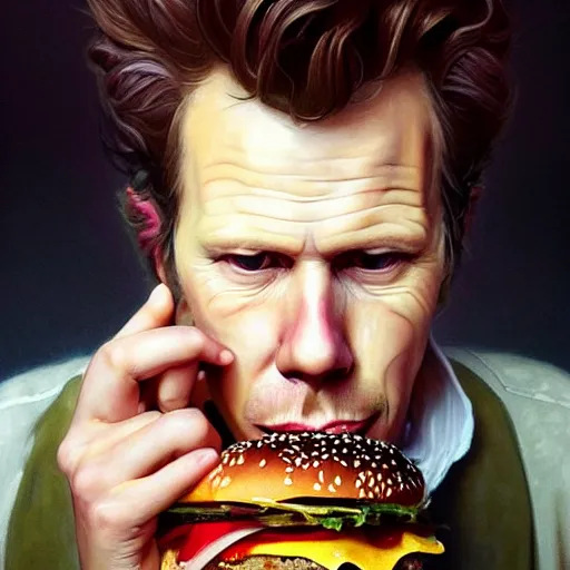 Prompt: portrait of tom waits eating hamburgers, extra onions and ketchup, luscious patty with sesame seeds, feminine ethereal, handsome, d & d, fantasy, intricate, elegant, highly detailed, digital painting, artstation, concept art, matte, sharp focus, illustration, art by artgerm and greg rutkowski and alphonse mucha