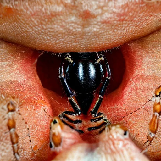 Prompt: spider crawling inside someone's face cross section photo