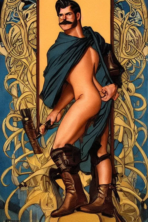 Prompt: a beautiful dramatic tarot card of a thick shirtless handsome cowboy. he is wearing cowboy boots. he has a dadbod and a mustache. homoerotic, art deco, art nouveau. by mark maggiori, by j. c. leyendecker, by bill ward. trending on artstation