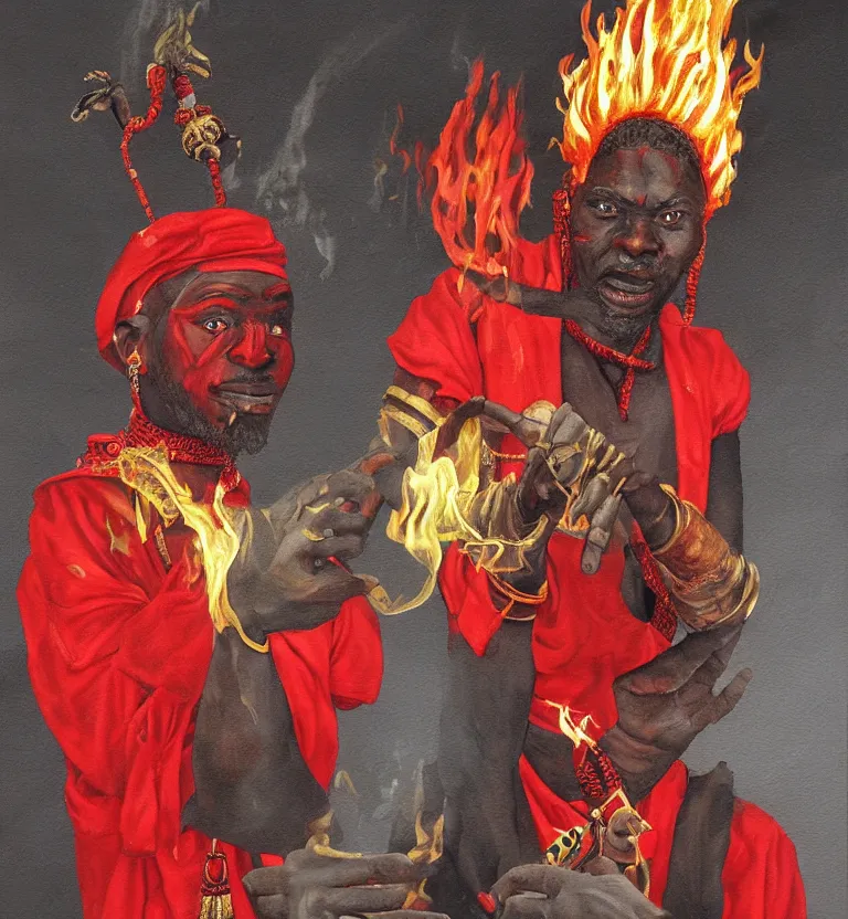 Image similar to a realistic painting of the yoruba god of the streets and paths, orisha esu, wearing red and black clothes with fire in his right hand, digital art, detailed.