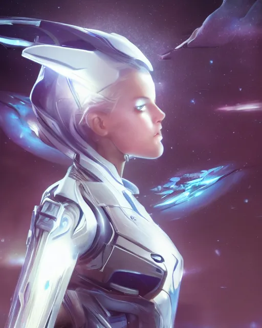 Image similar to photo of a beautiful girl on a mothership, android, warframe armor, pretty face, scifi, futuristic, galaxy, raytracing, dreamy, perfect, aura of light, pure, white hair, blue cyborg eyes, glow, insanely detailed, artstation, innocent look, art by gauthier leblanc, kazuya takahashi, huifeng huang