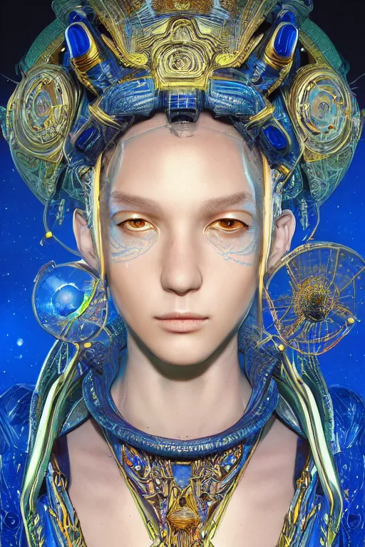 Prompt: Portrait of a psychedelic sci-fi shaman, third person, D&D, sci-fi fantasy, intricate, blue and gold, highly detailed , art by Range Murata, highly detailed, 3d, octane render, bright colors, digital painting, trending on artstation, sharp focus, illustration style of Stanley Artgerm,