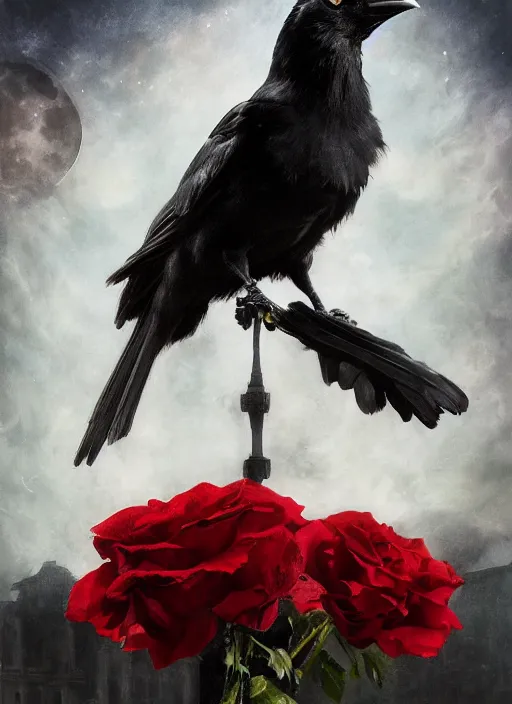 Prompt: portrait, A crow with red eyes in front of the full big moon, book cover, red roses, red white black colors, establishing shot, extremly high detail, photo-realistic, cinematic lighting, by Yoshitaka Amano, Ruan Jia, Kentaro Miura, Artgerm, post processed, concept art, artstation, raphael lacoste, alex ross, portrait, A crow with red eyes in front of the full big moon, book cover, red roses, red white black colors, establishing shot, extremly high detail, foto realistic, cinematic lighting, by Yoshitaka Amano, Ruan Jia, Kentaro Miura, Artgerm, post processed, concept art, artstation, raphael lacoste, alex ross