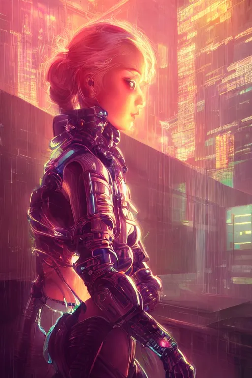 Image similar to portrait futuristic Cyber warrior Girl, in future cyberpunk tokyo rooftop , ssci-fi, fantasy, intricate, very very beautiful, elegant, neon light, highly detailed, digital painting, artstation, concept art, smooth, sharp focus, illustration, art by WLOP and tian zi and alphonse mucha