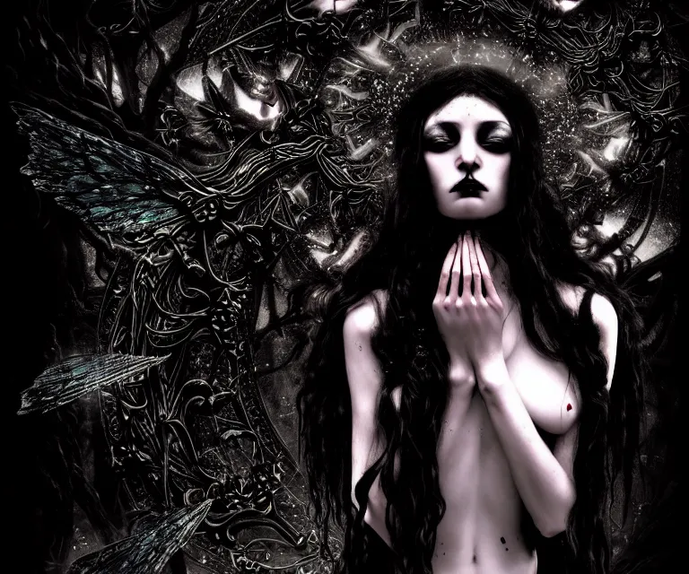 Prompt: a gothic goddess of freewill in a old temple, dark and mysterious,, eerie, cinematic, epic, 8 k, ultra detail, ultra realistic | nights falling wind is blowwing snow is pilling concept art in style of carne griffiths artwork by xsullo. | backround of beautiful floweres floatingby elson, peter kemp, peter