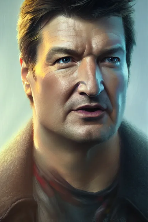 Prompt: ultra detailed close up facial portrait of nathan fillion, extremely detailed digital painting, in the style of fenghua zhong and ruan jia and jeremy lipking and peter mohrbacher, mystical colors, rim light, beautiful lighting, 8 k, stunning scene, raytracing, octane, trending on artstation
