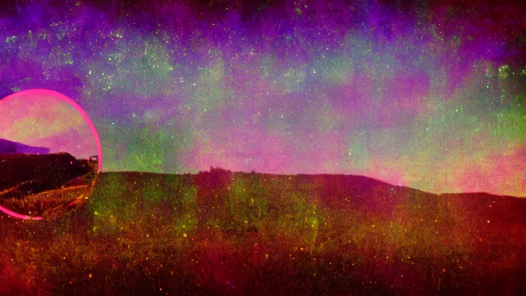 Prompt: double exposure of a beautiful golden hour welsh hill and beautifully enchanted fields, moonlight, aurora borealis, cosmic stars, grainy film, cinematic, haunted psychedelic VHS glitch