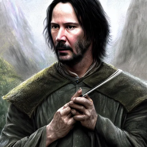 Prompt: keanu reeves as a hobbit ( lord of the rings movie ), digital painting, extremely detailed, 4 k, intricate, brush strokes, mark arian, artgerm, bastien lecouffe - deharme