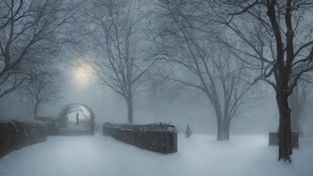 Image similar to the entrance to [ the secret garden ] in winter. claustrophobic. andreas achenbach, artgerm, mikko lagerstedt, zack snyder, tokujin yoshioka