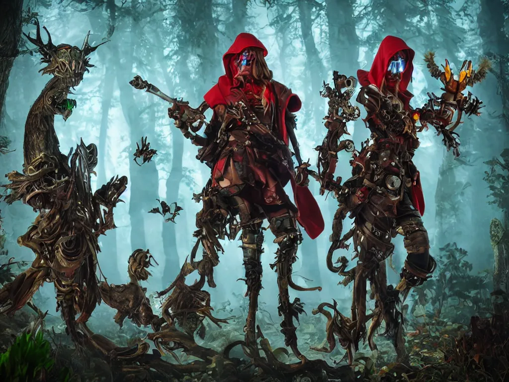 Prompt: red ridding hood and a troop of gamekeepers hunt mystical forest monsters. all wearing a steampunk and neonpunk mechanical fluorescent mystical animal masks. realistic fornite style. full body. product introduction photos. luminescent, elements, by stanley artgerm lau. epic cinematic shot, perfectly defined features, ambient occlusion