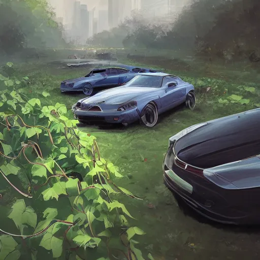 Image similar to a car overrun with vines, heonhwa choe, realistic, artstation