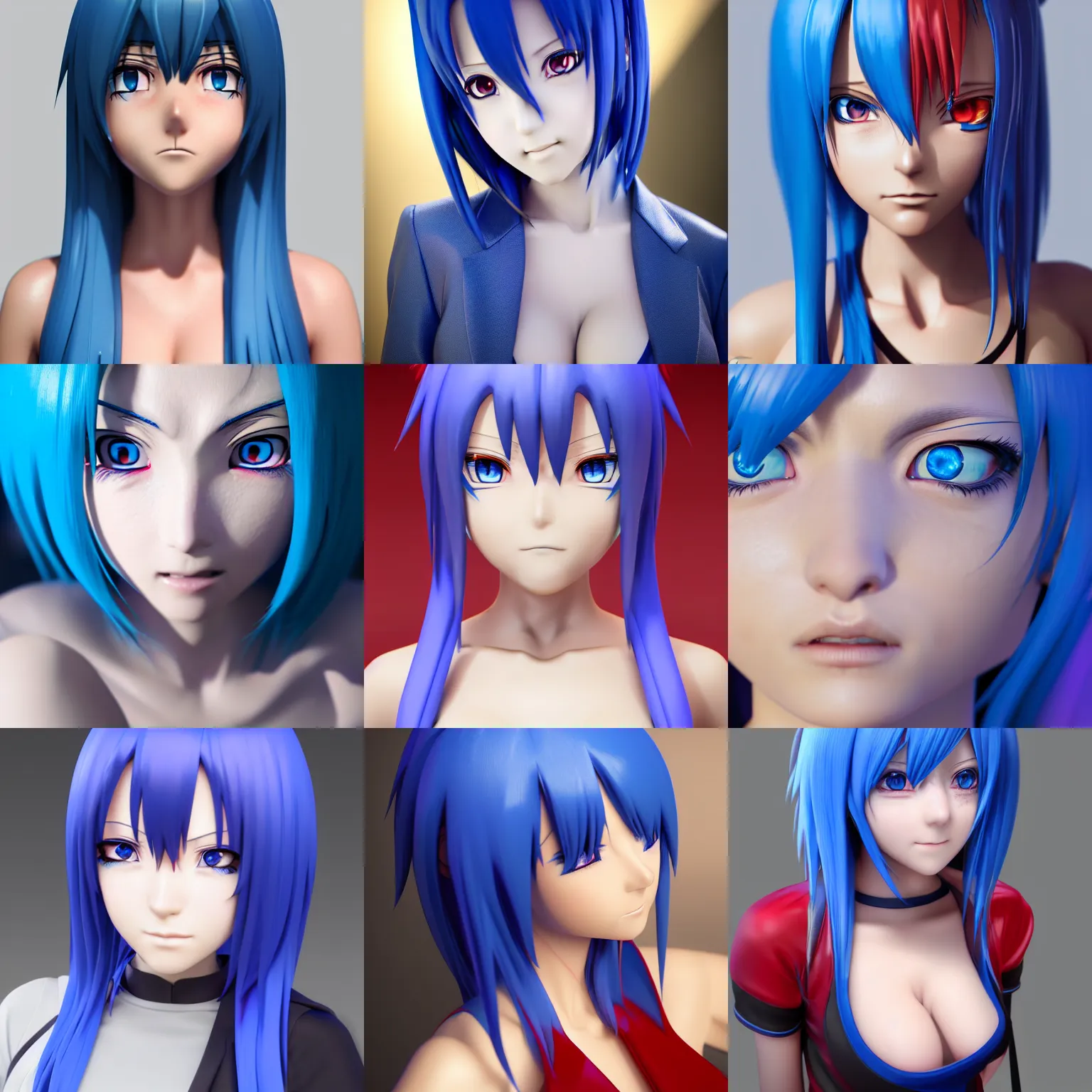 Prompt: 3D render of an anime character with blue hair,red eyes,octane render,ray tracing,super detailed,hyperdetailed,detailed face,professional model,professional lighting,3 point lighting,soft shadows,photorealistic,4k