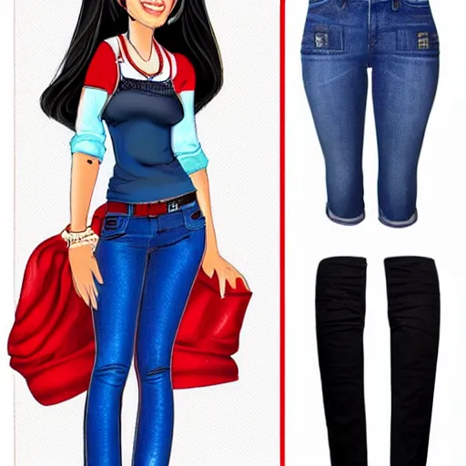 Prompt: character design of a latina cute girl using tight white and red raglan sleeves with tight blue jeans and cool shoes, having silky long black hair with bangs