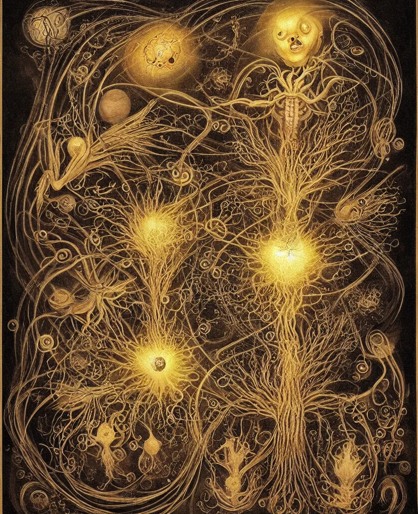 Image similar to whimsical freaky creature sings a unique canto about'as above so below'being ignited by the spirit of haeckel and robert fludd, breakthrough is iminent, glory be to the magic within, painted by ronny khalil