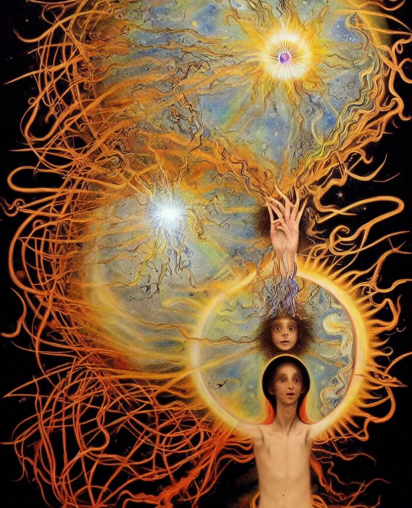 Image similar to a wild child creature radiates a unique canto'as above so below'while being ignited by the spirit of haeckel and robert fludd, breakthrough is iminent, glory be to the magic within, in honor of jupiter's day, painted by ronny khalil