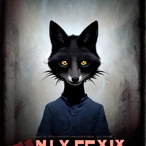 Image similar to blu-ray movie box cover for a horror movie featuring an anthropomorphic black fox dressed in casual clothing, dark and grainy
