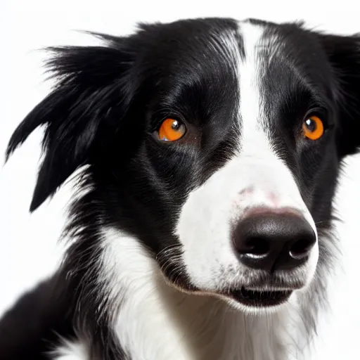 Prompt: wide angle close up photo of a border collie. Studio lighting. White background.