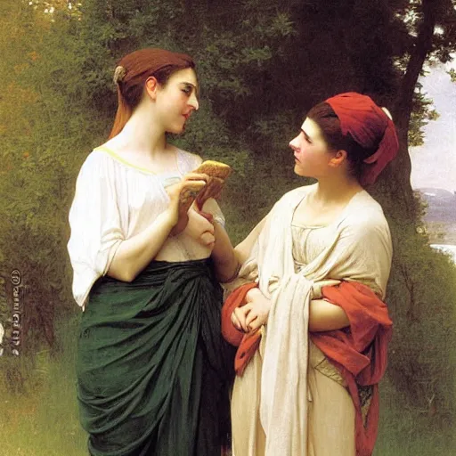 Prompt: far easterner has a conversation with a westerner, by bouguereau