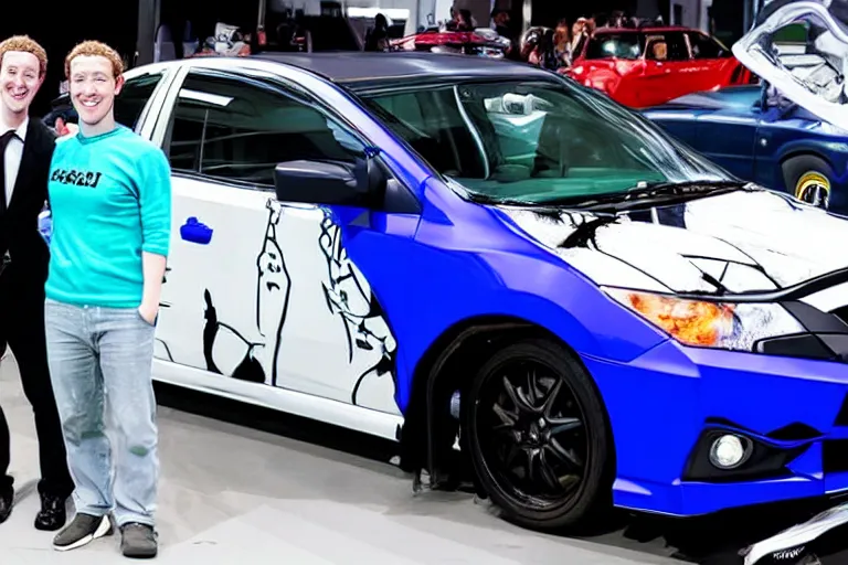 Image similar to mark Zuckerberg and his anime wrapped honda civic at a car show