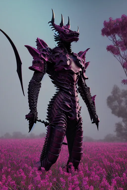 Image similar to high quality 3 d neo - gothic human dragon hybrid, exoskeleton armor, fighting with sword, field of pink flowers, highly detailed unreal engine, vitaly bulgarov dramatic dark teal light, ground angle hd 8 k, sharp focus