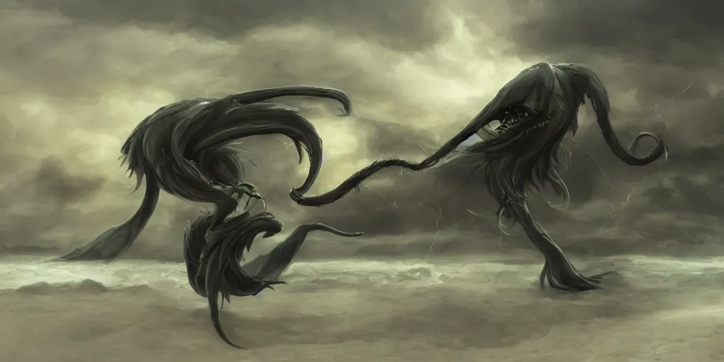 Image similar to a stunning cinematic extreme wide shot of an adorable confused slick sleek smooth humanoid sea monster wearing clothes made of seaweed on a dark stormy beach, well designed perfect with huge luminous sad eyes, sharp claws, cgsociety, hd octane render, fantasy, furry art, artstation, deviantart, furaffinity, very very clean, super clean, thunderclouds