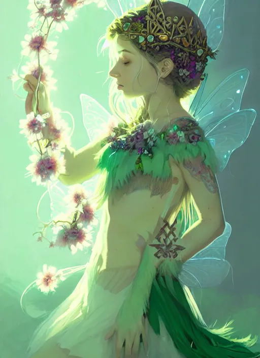 Prompt: cute fairy girl with crown of flowers in transparent clothing covered with celtic rune tattoos, fantasy, by atey ghailan, by greg rutkowski, by greg tocchini, by james gilleard, by joe gb fenton, by in kaethe butcher, dynamic lighting, gradient light green, brown, blonde cream and white color in scheme, grunge aesthetic