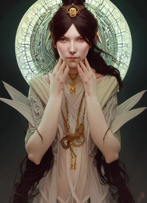 Image similar to symmetry!! portrait of a female sorcerer, dar fantasy, intricate, elegant, highly detailed, my rendition, digital painting, artstation, concept art, smooth, sharp focus, illustration, art by artgerm and greg rutkowski and alphonse mucha and huang guangjian and gil elvgren and sachin teng