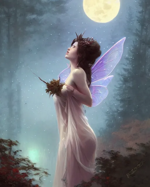 Image similar to a portrait of beautiful fairy goddness fly high in the night, d & d, fantasy, mist, full moon in background, trees, hyper detailed,, midium shot, an oil painting by ruan jia, trending on artstation, concept art, sharp focus, illustration, gaston bussiere, craig mullins, j. c. leyendecker, beautiful lighting