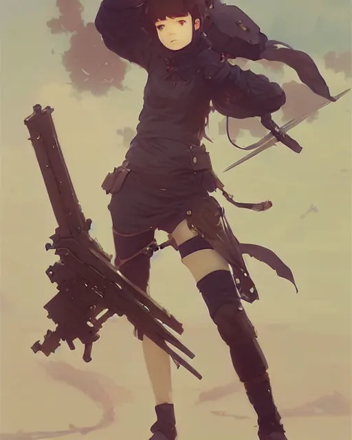 Image similar to cute girl, whitesmith, huge weapon, mechanical parts, digital painting by krenz cushart, ilya kuvshinov, akihiko yoshida, greg rutkowski, karl spitzweg, intricate background