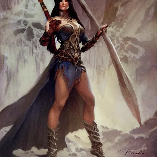 Image similar to elven sorceress character portrait by frank frazetta - wearing a dress, holding a staff, casting a spell, fantasy, dungeons & dragons, sharp focus, beautiful, artstation contest winner, detailed