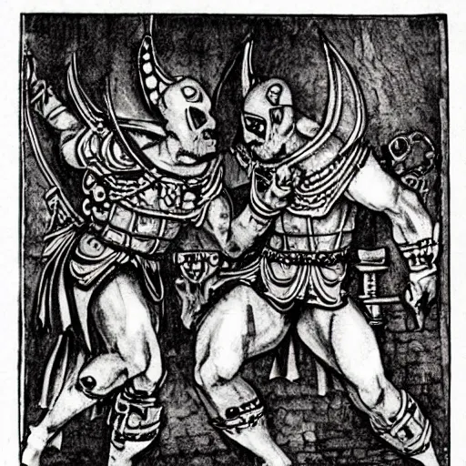 Prompt: Sigmar and Khorne dancing in a night club in Da vinci style