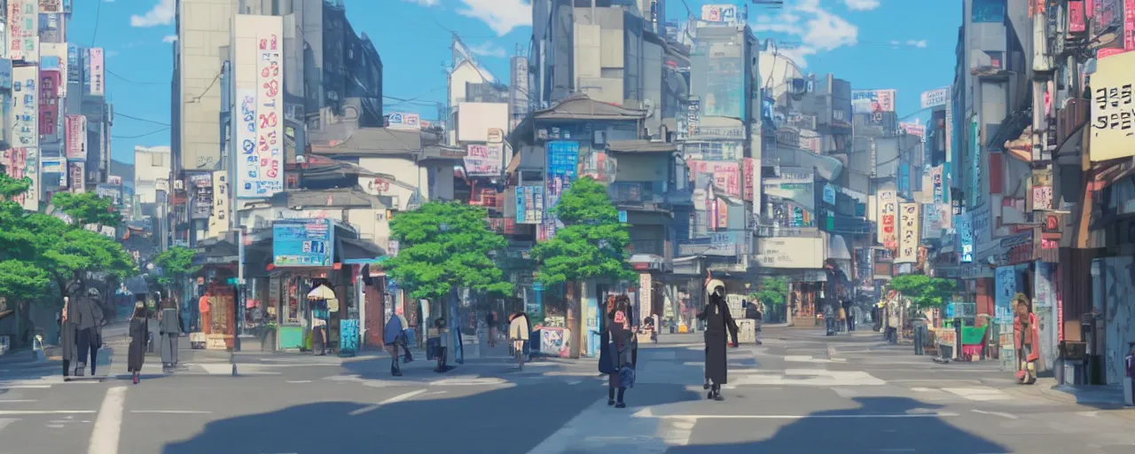Prompt: A screenshot of the seoul city street in the scene in the Ghibli anime film Kimi no na wa, pretty rim highlights and specular