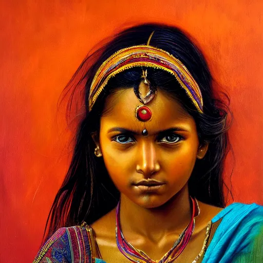 Image similar to stunning, breathtaking, awe - inspiring award - winning concept art portrait painting by steve mccurry of a beautiful young hindu woman warrior with short, wavy hair, wearing a colorful sari